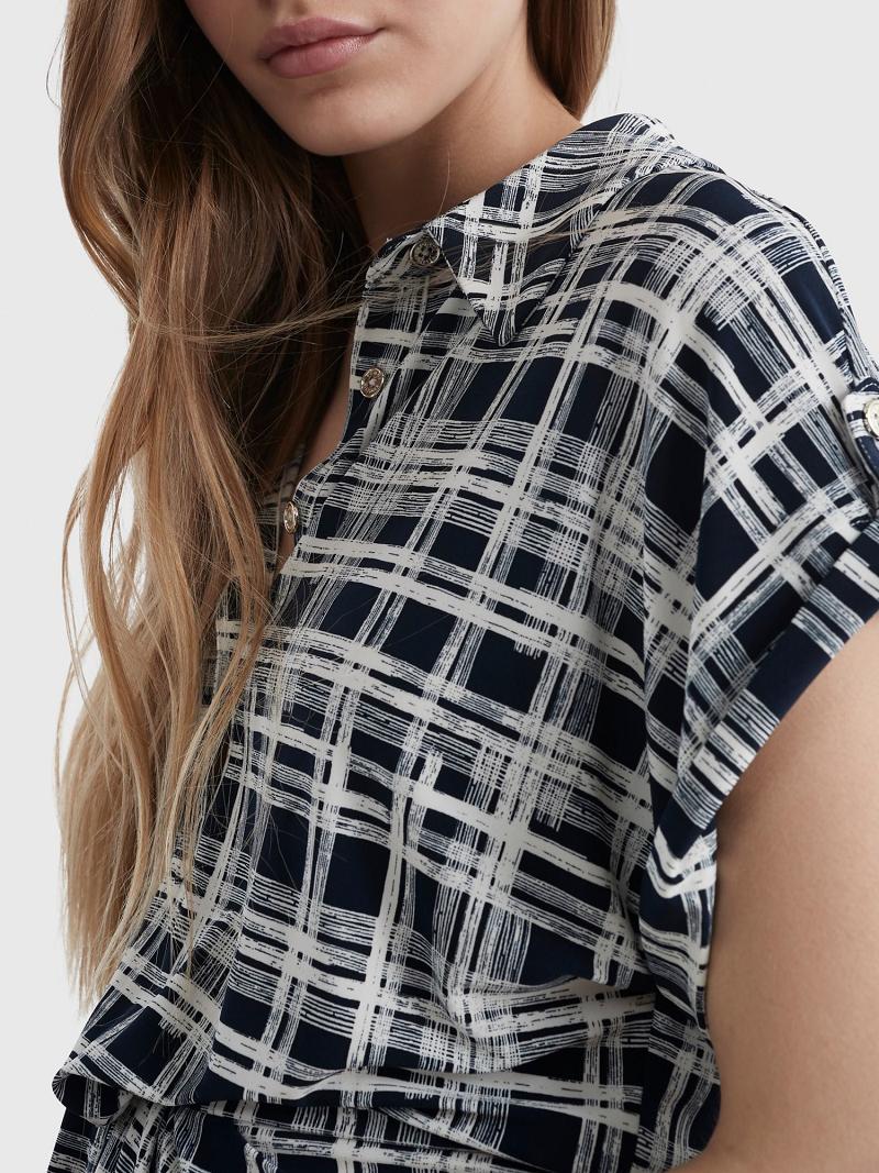 Női Tommy Hilfiger Rövid-Sleeve Plaid Shirtdress Dresses Kék Fehér | HU 115WNB